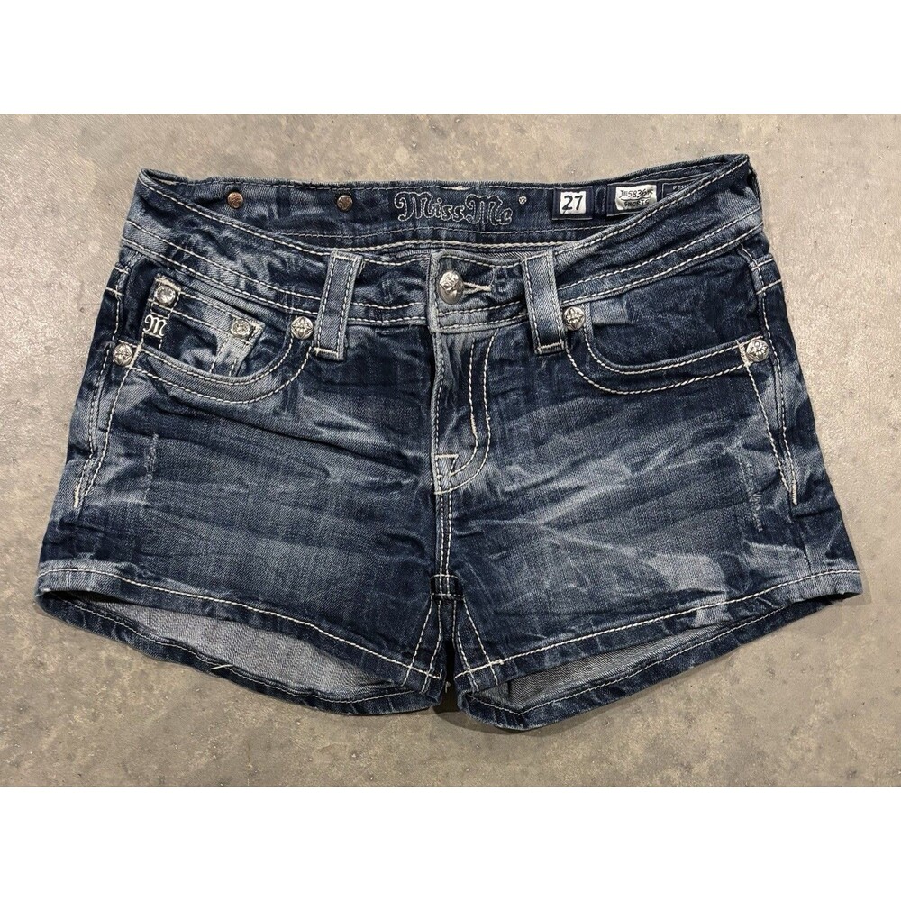Miss Me Jean Shorts Womens 27 Blue Low Rise Thick Stitching Rhinestone Denim